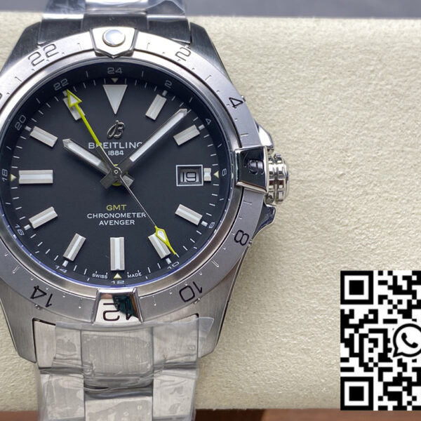 Breitling Avenger Automatic GMT 44 BLS Factory 1:1 Best Clone Grey Dial Yellow Pointer SS