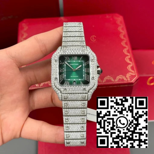 Cartier Santos De Cartier 39.8mm Green Dial Full Moissanite – VIP Version