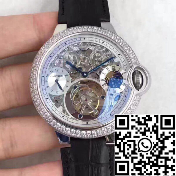Ballon Bleu De Cartier Tourbillon 1:1 Best Edition Swiss Tourbillon Diamonds bezel Black Leather Strap