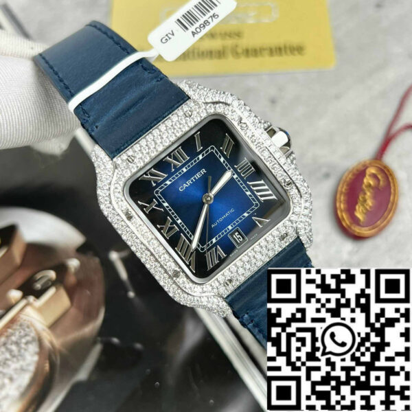 Cartier – Santos De Cartier – Steel – Custom Diamond-Set – Blue Dial BV Factory