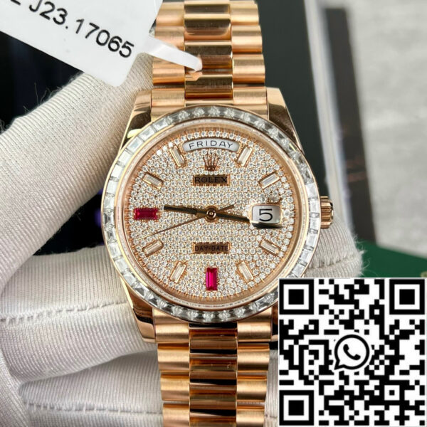 Rolex Day-Date 36mm Everose Gold 128345RBR coated 18k with full Moissanite