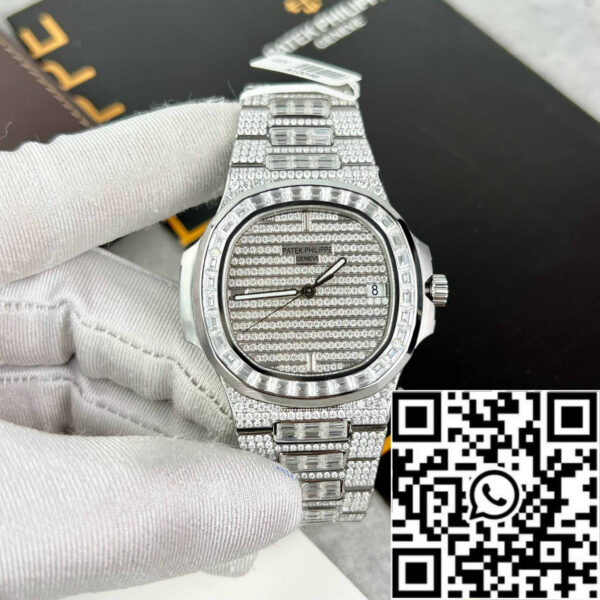 Replica Patek Philippe Nautilus Jumbo 5719/1G-001 custom full Moissanite diamonds