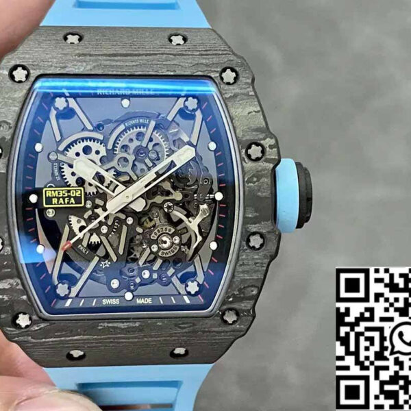 Richard Mille RM035-02 T+ Factory 1:1 Best Edition Carbon Fiber Case Blue Rubber Strap