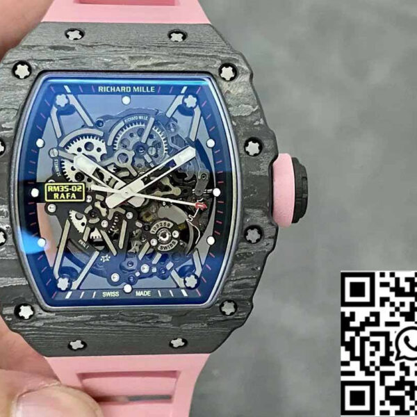 Richard Mille RM035-02 T+ Factory 1:1 Best Edition Carbon Fiber Case Pink Rubber Strap