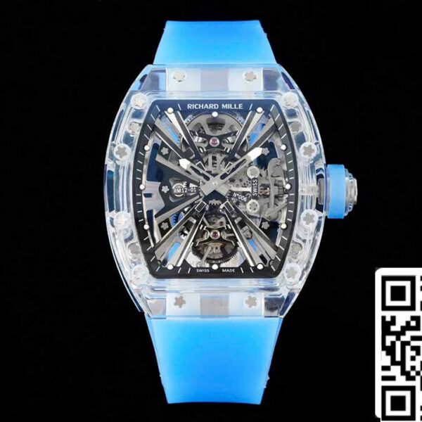Richard Mille RM12-01 1:1 Best Edition RM Factory Tourbillon Transparent Version Blue Strap