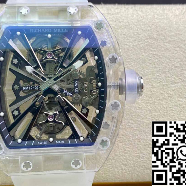 Richard Mille RM12-01 1:1 Best Edition RM Factory Tourbillon Transparent Version White Strap