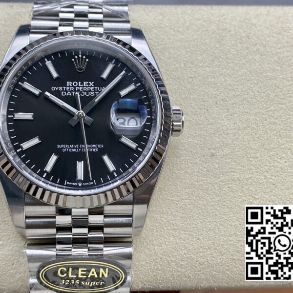Rolex DateJust 36 126234 904L SS Clean Factory 1:1 Best Edition Fluted Bezel Black Dial